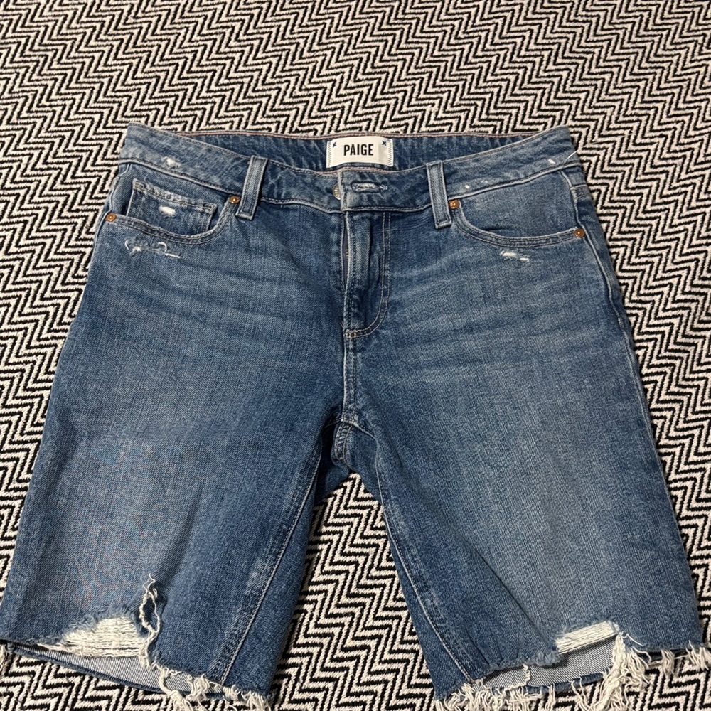 PAIGE Women's Distressed Blue Denim - Jax Knee Shorts -Sz 25